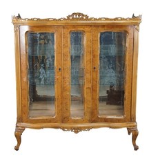 Antique Italian Baroque Rococo Walnut Burr Curio Display Cabinet Glass Showcase