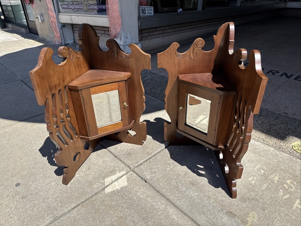 Vintage Wood Hanging Corner Storage Cabinets – Mirror Doors – L & R