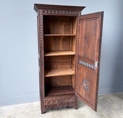 71″ Tall French Antique Breton Cabinet in Solid Chestnut Wood w/Carved Figures