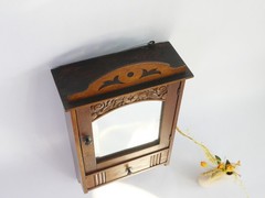 Antique Small Wooden Cabinet with Arch Mirror, Floral Carved Apothecary