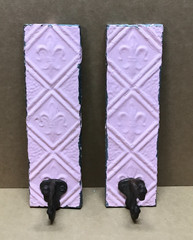 VTG Pair Decorative Tin Ceiling Metal Single Hook Wall Rack Plaque Old 407-26B