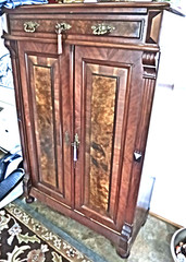 Antique Walnut Burled Wood Front German Victorian Tall Cabinet Dove Tailed Brass