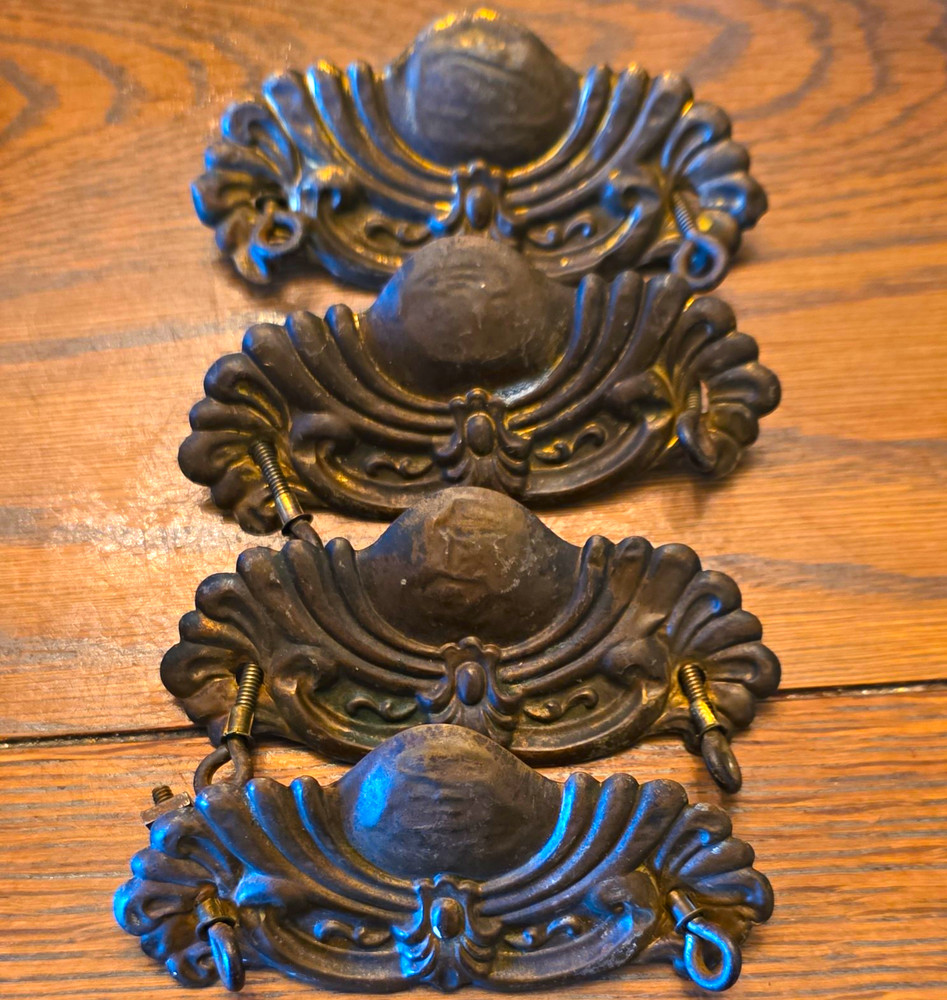 Lot of 4 Antique Victorian Stamped Brass Drawer Pulls Handles Ornate No Pulls