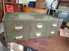 1950s 6-Drawer Green Metal Cabinet Y & E Brass Bits Vintage Works Great No Key