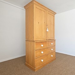 Antique English Pine Linen Press Wardrobe Armoire Cabinet Chest of Drawers Key