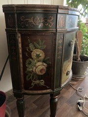 Hand Painted Antique Wood Bedside Cabinet Green Gold Cat Floral Motif 2 Drawers