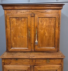 Antique French Elm Deux Corps Buffet Cabinet with Inlay and Fitted Interior