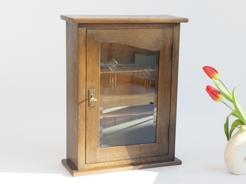 Antique Oak Cabinet with Beveled Glass Door Art Deco Apothecary Cut Floral Glass