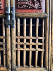 Antique Chinese Cabinet Guilt Fretwork Motif Carved Wood Asian Chinoiserie Asian