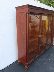 Early 1900s Tiger Oak Long Large China Cabinet Bookcase Cupboard 6583