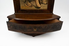 Antique carved Black Forest wood wall corner cabinet bear hunter litho