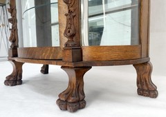 Solid Tiger Oak Curved Glass China Cabinet Carved Claw Feet Lion Heads MINT!