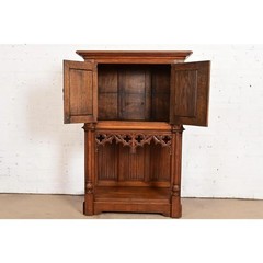 Antique Belgian Gothic Revival Carved Oak Bar Cabinet, Circa 1880s