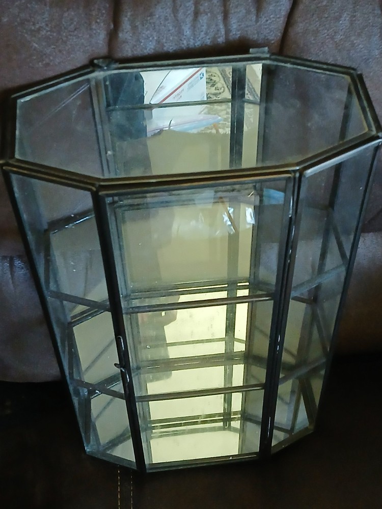 METAL GLASS DISPLAY CABINET TRINKET SHELF MIRRORED 3 SHELVES HANG OR STAND