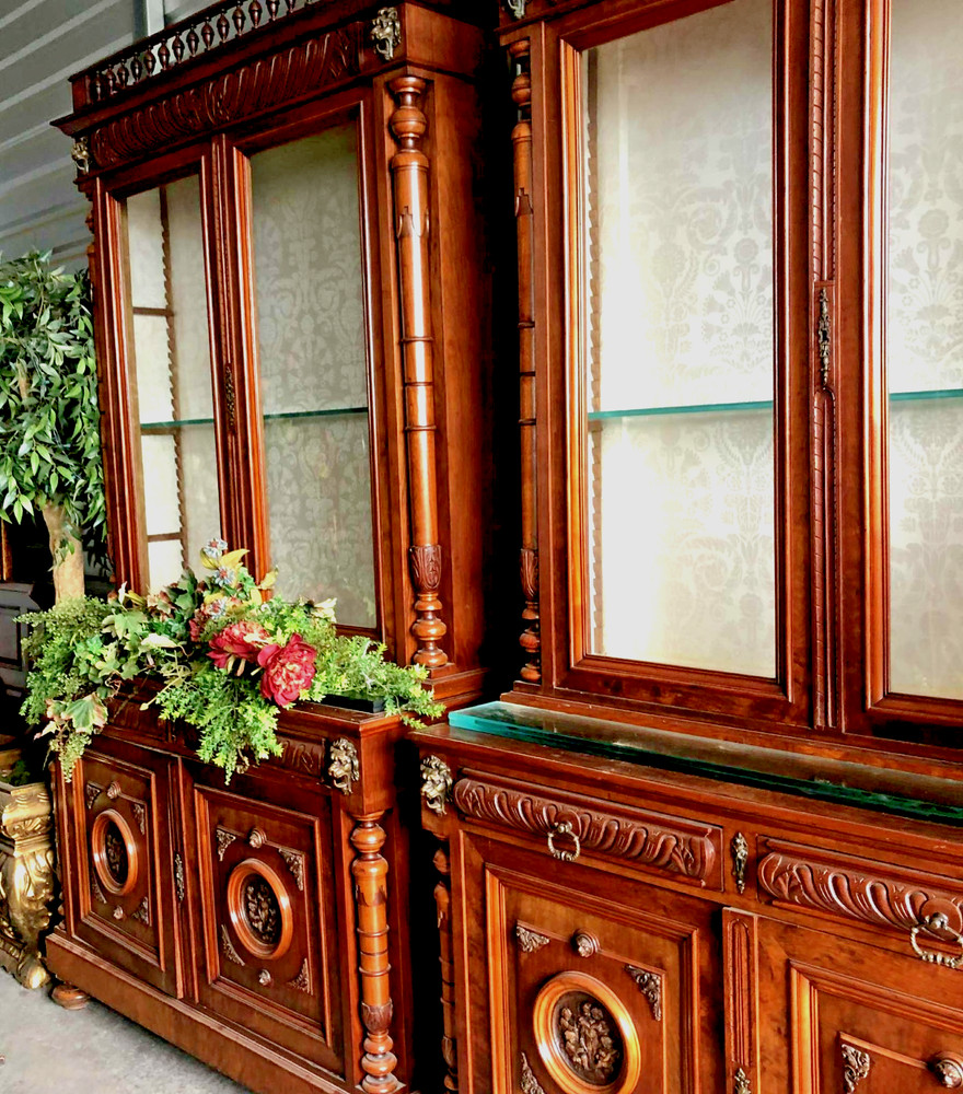 Rare LG Matching Pair Antique French Walnut Hutches Carved Cameos Lions Columns