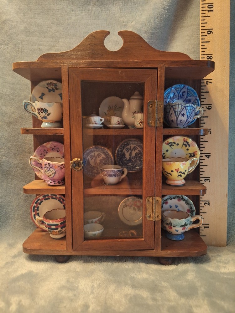 Antique Wood Mini Curio Cabinet Filled With Vintage Miniture Tea Cups & Saucers