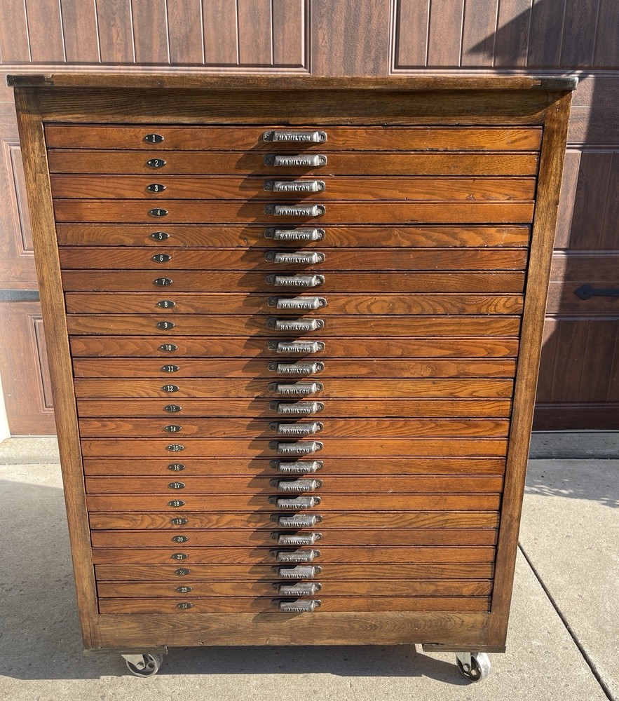 Antique Hamilton 24 Drawer Oak Print Cabinet Flat File Restored Cast Iron Pulls
