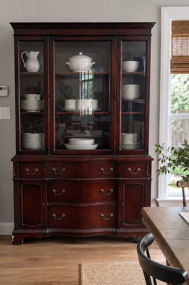 Vintage Cherry Wood China Cabinet Hutch Curio Buffet Glass Display Storage