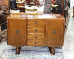 English Antique Inlaid Oak Art Deco Sideboard / Small Buffet / Bar Cabinet
