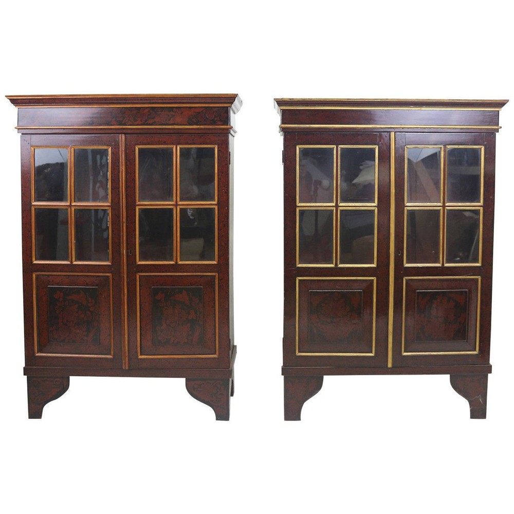 19th Century Gorgeous Pair Dutch Colonial Oxblood Floral Motif Cabinets-Proven.