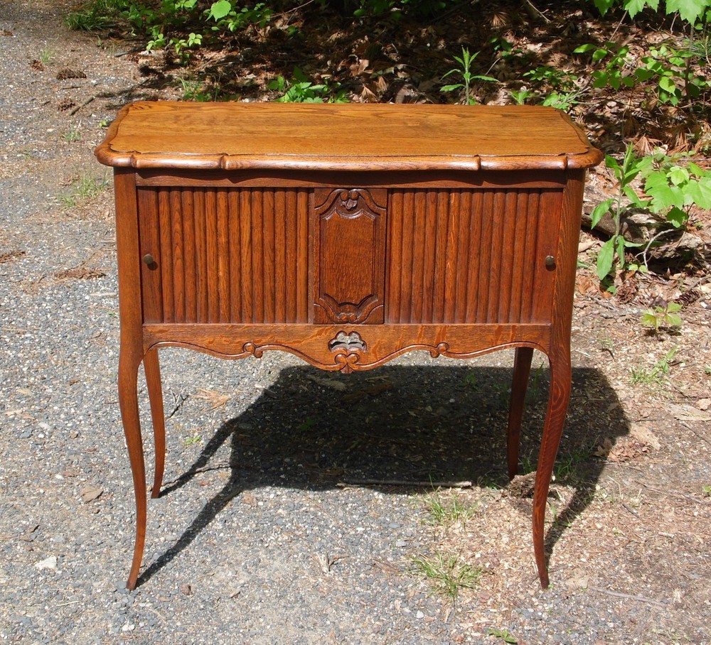 Antique Solid Oak French Louis XV Style Tambour Cabinet Table Server Cupboard