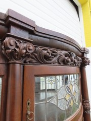 Late 1800s Large Tall Tiger Oak Leaded Stain Glass Curio Cabinet Cupboard 6573