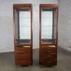 Modern Pair Lighted Display Cabinets by Bassett Furniture Cherrywood & Brass