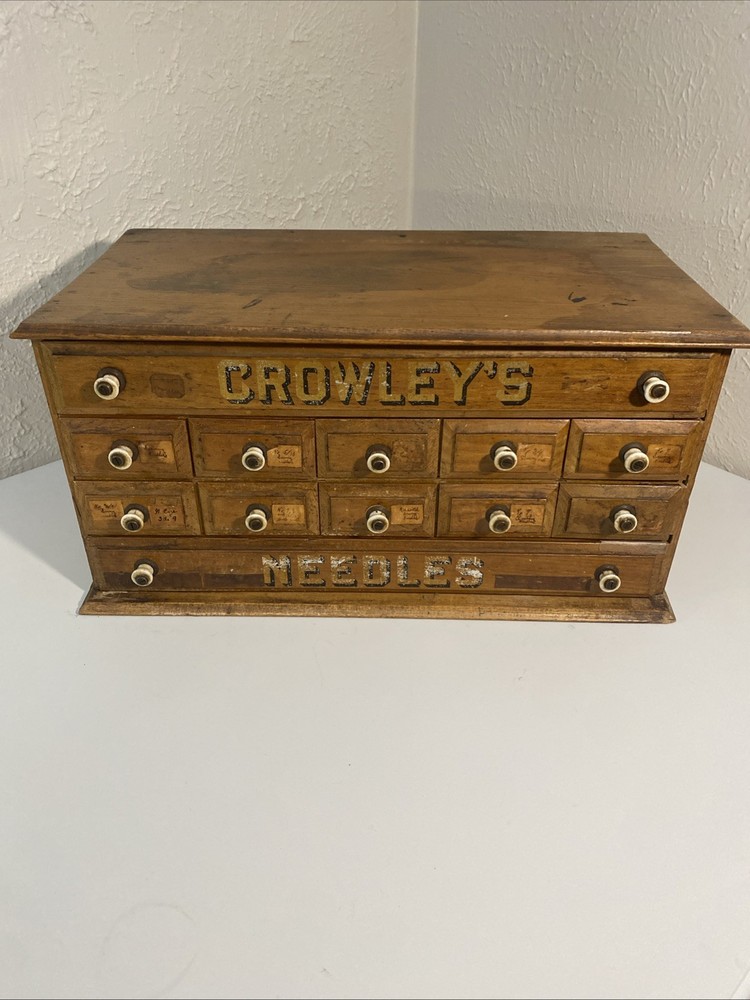 Vintage Crowley’s Needles Wood Cabinet – Antique 12 Drawer Cabinet