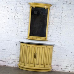 Vintage Neoclassic Revival Blonde Oak Demilune Cabinet or Console and Mirror