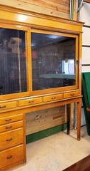19th c. Old Store Sliding Glass Display Cabinet w/ Drawers, Open Base