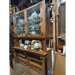 Massive Antique Oak Built-In Cabinet with Leaded Glass Doors