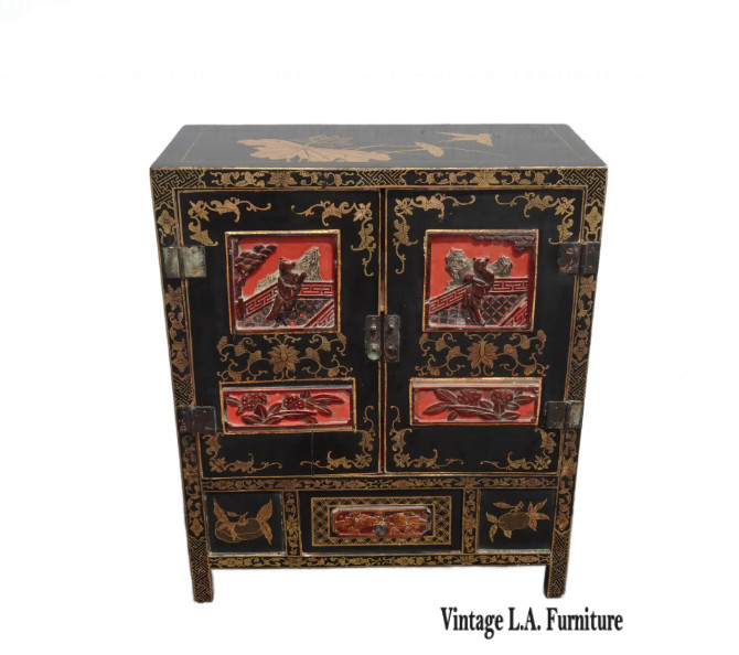 Vintage Oriental Asian Black & Red Hand Painted Lacquer Cabinet Side Table