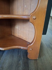 Vtg. corner cupboard with distinctive scalloped cutouts – 3 Tier – Oak In Color