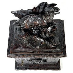 Antique Black Forest Carved 11″ Chest, Cabinet, Box: Animalier Style FOX and Kit