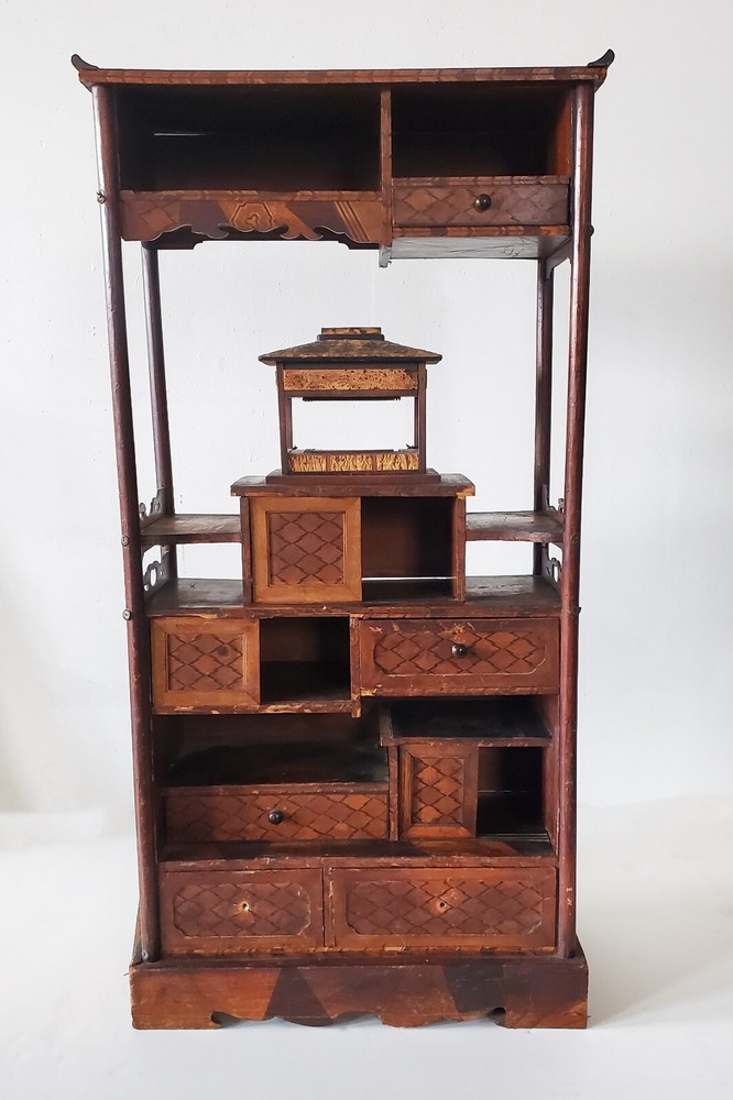 Antique 19th C. Japanese Parquetry Wood ‘Shadona’ Etagere Display Shelf Drawers