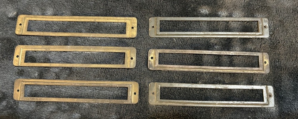 Lot of 6 Vintage Steel Brass Plated Cabinet Drawer Label Holders Card Catalog