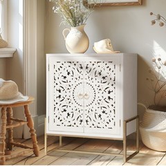 Accent Cabinet w/ 2 Doors Openwork Carved Storage Cabinet Sideboard Buffet White