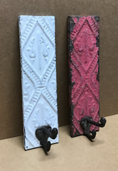 VTG Decorative Set 2 Tin Ceiling Metal Single Hook Wall Rack Plaque Old 403-26B