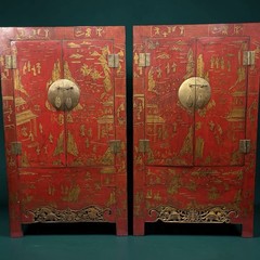 Pair Antique Red Lacquer Chinoiserie 2 Part Wedding Cabinet Armoires