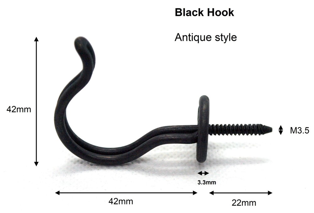 Antique style Hooks Black matt galvanised finish with attached fixing Pack 1/2/3