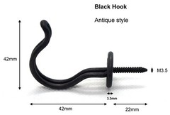 Antique style Hooks Black matt galvanised finish with attached fixing Pack 1/2/3