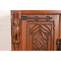 Antique Belgian Gothic Revival Carved Oak Bar Cabinet, Circa 1880s
