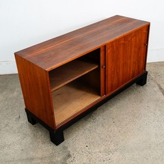 Mid Century Modern Credenza Cabinet Walnut Sliding Doors Storage Black Base Mcm