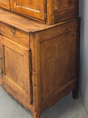 Antique French Elm Deux Corps Buffet Cabinet With Inlay and Fitted Interior