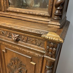 ATQ 1880 Rare French Hunt Cabinet Renaissance Carved Oak Black Forest Bookcase