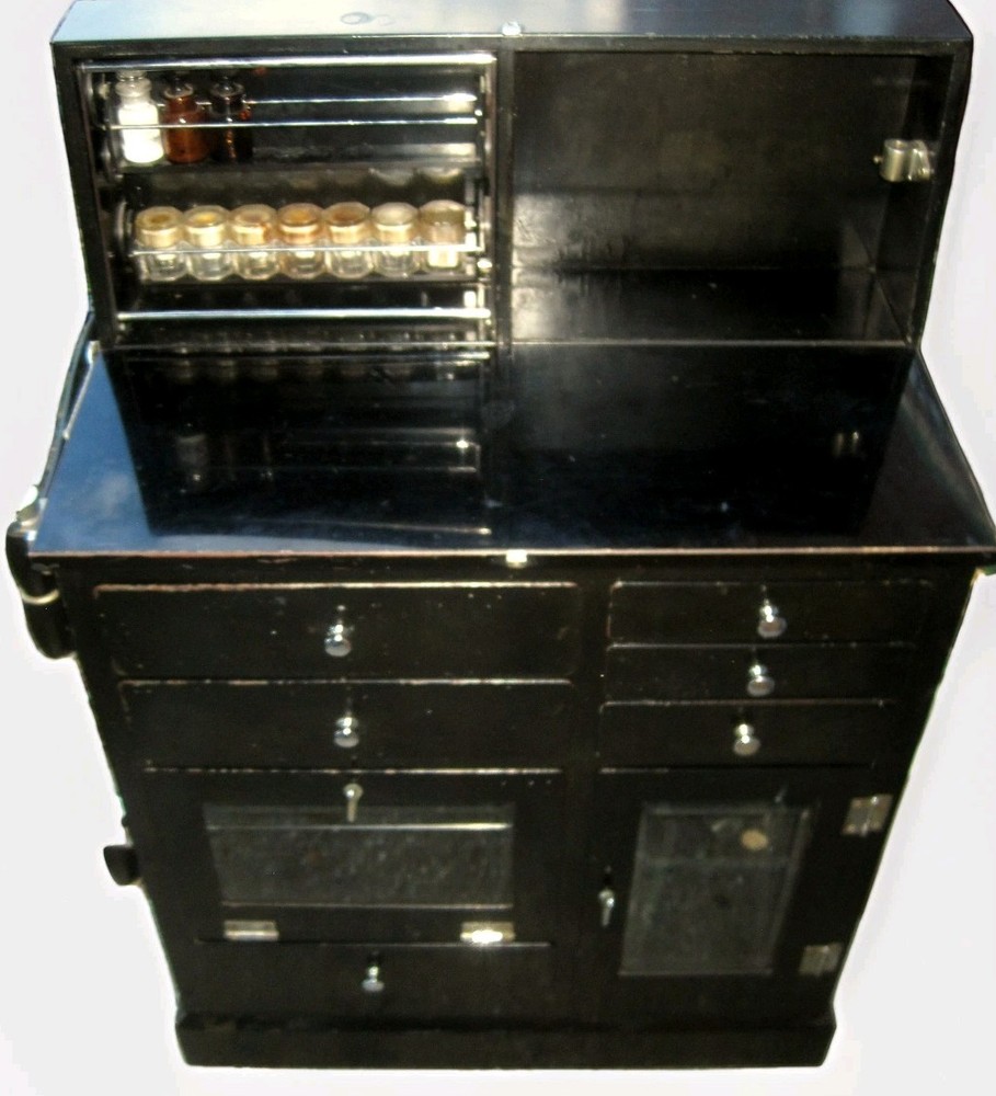Antique Medical Podiatry Dental Metal Glass Cabinet w/ Bottles Electric Bosworth