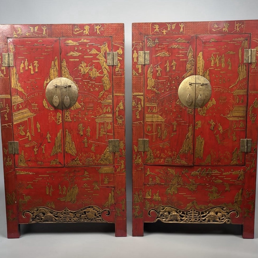 Pair Antique Red Lacquer Chinoiserie 2 Part Wedding Cabinet Armoires