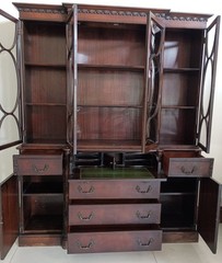 Antique Bubble Glass Mahogany Georgian Breakfront Writing Desk Cabinet Bookcase