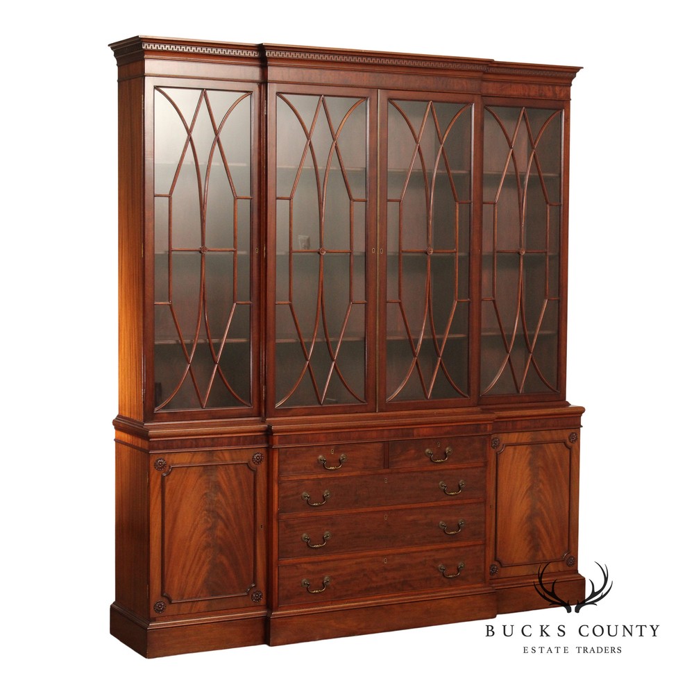 Regency Style Mahogany Breakfront Bookcase Cabinet