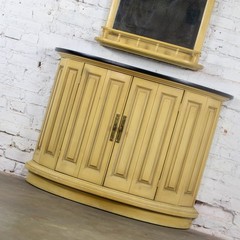 Vintage Neoclassic Revival Blonde Oak Demilune Cabinet or Console and Mirror